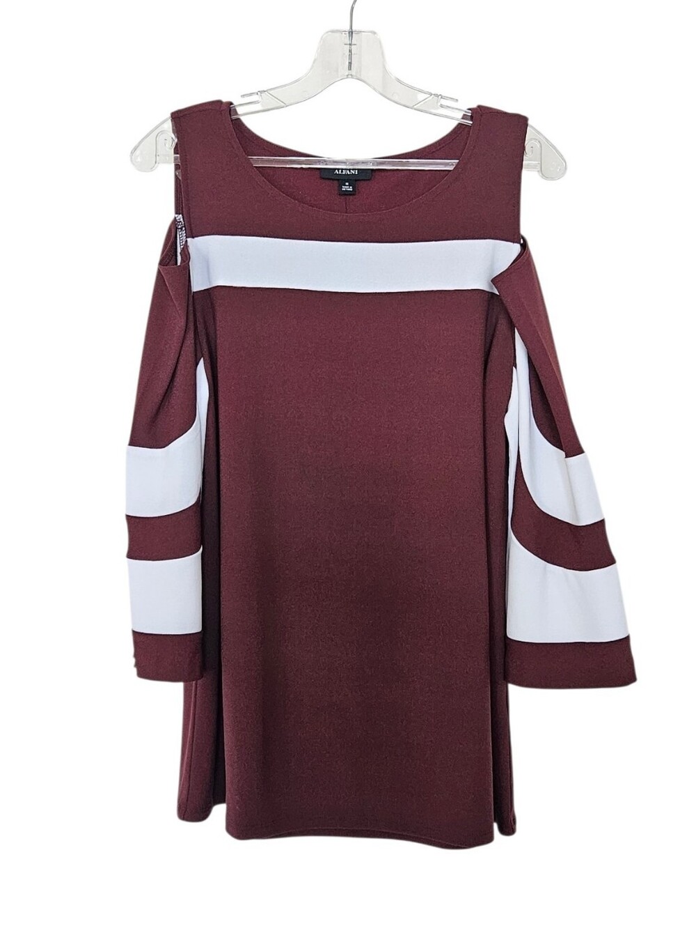 Alfani Women's Cold-Shoulder Dress Brown with White Stripes Medium
